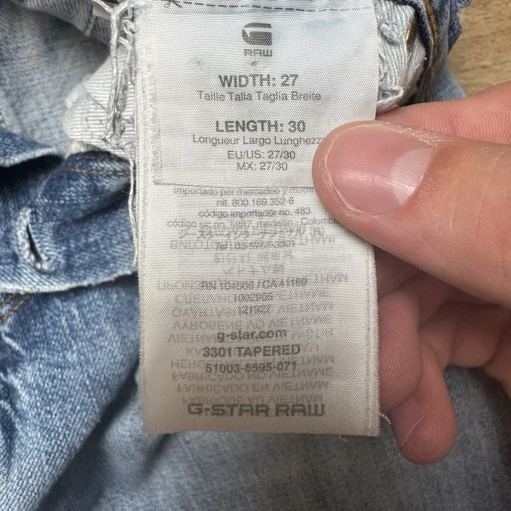 G-Star Raw 3301 Tapered Jeans Mens 27x30 Light Blue Distressed‎ Button Fly Pants